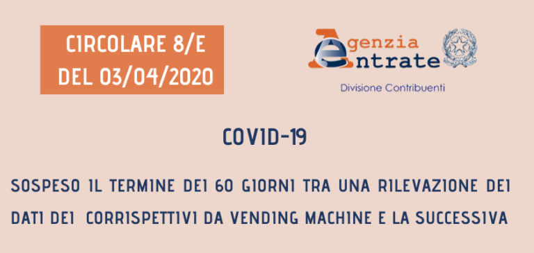 COVID-19. Vending: sospeso termine 60 giorni tra una rilevazione e l’altra dei corrispettivi