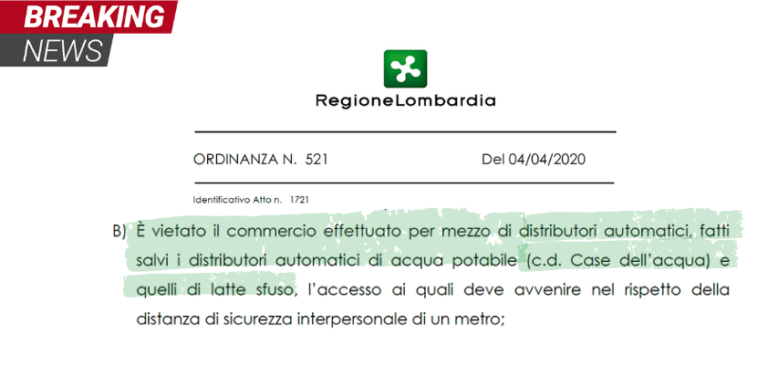 Regione Lombardia. Stop a tutti i distributori automatici. CONFIDA ricorre al TAR