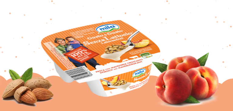 Mila Gusto + Gusto senza lattosio nel nuovo gusto pesca con mandorle croccanti